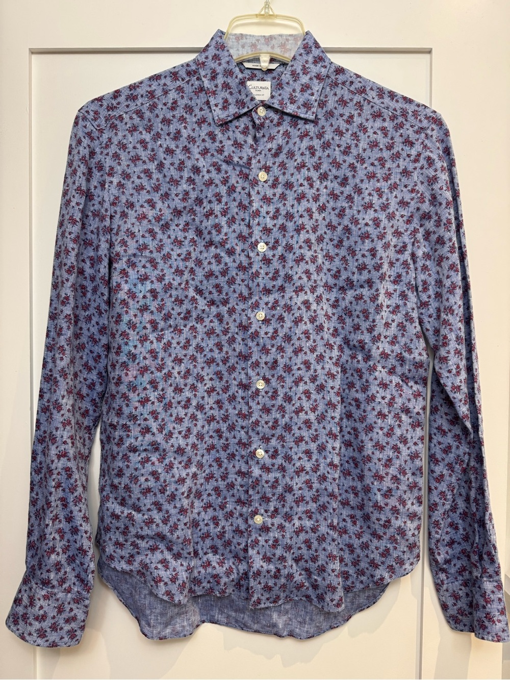 Light Blue Floral Long-Sleeve Men's Button-Up Shirt